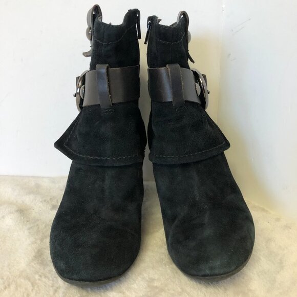 Black Suede Heeled Booties With Brown Strap and Buckle Size 37 (US 7) - Picture 2 of 13